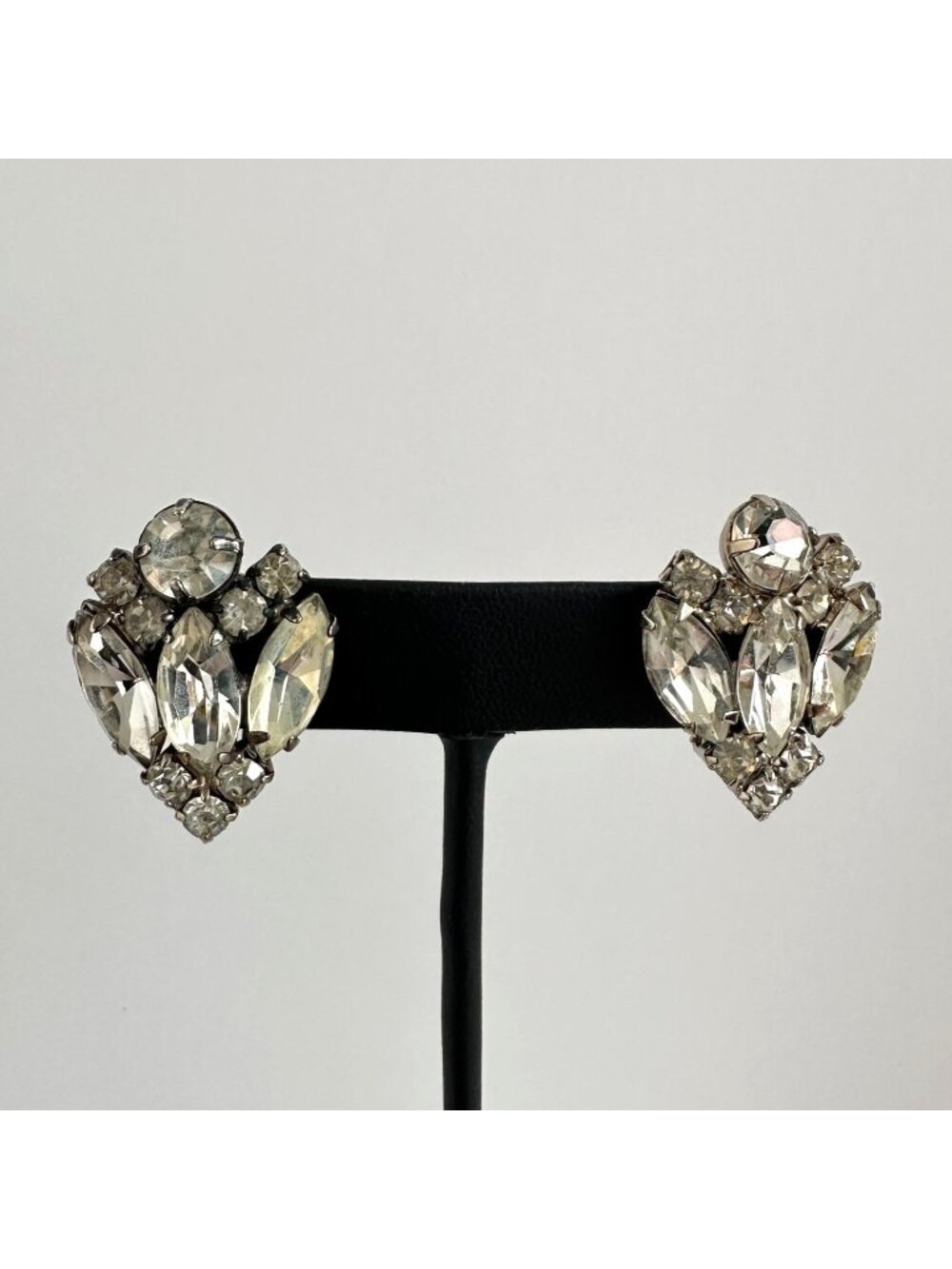 Vintage 1950s Clear Rhinestone Cluster Clip On Earrings Silver Tone Bridal